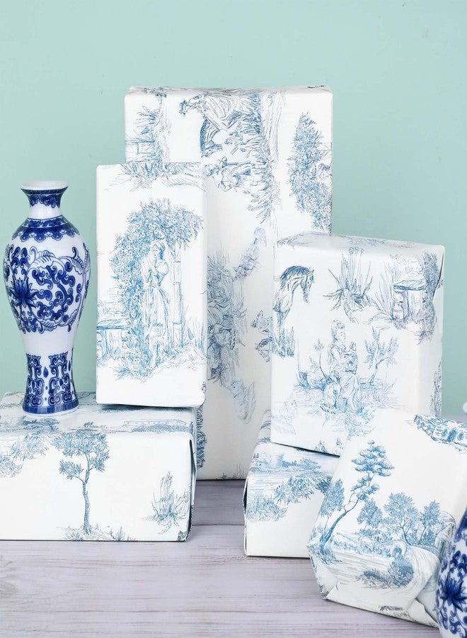 Bolsome 12Pcs French Style Wrapping Paper Blue White Vintage Village Printed Gift Wrap Paper Rustic French Toile Gift Wrap Paper for Wedding Bridal Shower Birthday DIY Craft - Image 5